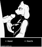 1boy 1girl 2d 2d_(artwork) alternate_version_available anthro black_and_white boss_monster breasts caprine clothing cum cum_in_mouth cum_inside cum_on_breasts dialogue digital_media_(artwork) english_text fellatio female_focus furry gif goat humanoid_penis large_filesize male male/female mammal monochrome oral penis sex solo_focus text toriel undertale undertale_(series) unseen_male_face video_games wasajoke
