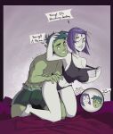  1girl beast_boy big_breasts boxers clothing curvy_female dc_comics english_text gewd-boi imminent_sex impregnation_request male muscular_male panties raven_(dc) stubble tagme teen_titans text 
