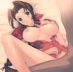 1990s_(style) 1girl aerith_gainsborough bed big_breasts blush bow braid breasts brown_hair choker cropped_jacket dark-skinned_male dark_skin dress final_fantasy final_fantasy_vii green_eyes interracial leg_up long_hair lying missionary nipples no_bra on_back open_clothes open_dress open_shirt perky_breasts pink_bow pink_dress quadrastate retro_artstyle sex shirt solo_focus spread_legs twin_braids vaginal