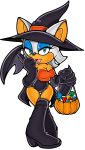  1girl 2d alternate_costume bat boots breasts cleavage elbow_gloves furry gloves high_heels leotard rouge_the_bat sega thighhigh_boots witch_hat 
