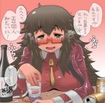  1girl beer_can blush bottle breast_rest breasts calamari drooling drunk food freckles full-face_blush glasses large_breasts leaning_forward like_an_ero-doujin long_hair matsuda_yuusuke messy_hair original overcoat red-framed_glasses sake_bottle semi-rimless_glasses solo squid track_suit translation_request under-rim_glasses yonezawa_natsumi yuusha_to_maou zipper 