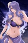  1girl 1girl 1girl alluring bare_shoulders big_breasts bikini breasts camilla_(fire_emblem) camilla_(summer)_(fire_emblem) cleavage cowboy_shot female_only fire_emblem fire_emblem_fates fire_emblem_heroes flower hair_flower hair_ornament hair_over_one_eye hand_up haru_(nakajou-28) high_res long_hair looking_at_viewer navel nintendo official_alternate_costume purple_bikini purple_eyes purple_hair purple_swimsuit sarong see-through smile standing stomach swimsuit very_long_hair white_flower 