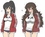  1girl age_progression alternate_hairstyle before_and_after black_hair blush breasts brown_eyes brown_hair buruma glasses gym_uniform hands_in_pockets huge_breasts large_breasts long_hair matsuda_yuusuke messy_hair original plump ponytail red-framed_glasses semi-rimless_glasses solo sweatdrop teenage track_jacket under-rim_glasses unzipped weight_gain yonezawa_natsumi yuusha_to_maou 