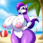 1girl ai_generated anthro beach cum_on_breasts fifi_la_fume frosting.ai hyper_ass hyper_breasts hyper_hips looney_tunes mammal nude_female pink_nipples purple_fur purple_hair skunk slim_waist thick_thighs tiny_toon_adventures warner_brothers