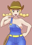  1_girl 1girl :d areola bare_arms bare_shoulders belt blonde blonde_hair blush breasts breeder brown_hat buttons collarbone cowboy_hat cowboy_shot denim farmer female hat large_breasts lasso long_hair looking_at_viewer nakaba naked_overalls nipples npc npc_trainer open_mouth overalls pink_background pokemon pokemon_(game) pokemon_breeder pokemon_breeder_(pokemon) pokemon_sm porkyman rope sideboob simple_background smile solo standing suspenders teeth tongue twintails yellow_eyes 