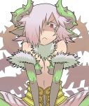  1girl :&lt; armor armored_dress bare_shoulders breasts cleavage fur_collar fur_trim indian_style matsuda_yuusuke nise_maou_dokuzeru original pink_hair plant_girl red_eyes scales short_hair sitting solo v_arms vines yuusha_to_maou 