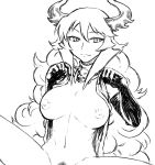  1girl borrowed_character bottomless breasts breasts_outside curly_hair demon_girl demon_horns drawn elbow_gloves erect_nipples gloves grin horns large_breasts light_smile long_hair maou_beluzel monochrome navel nipples nise_maou_kanizeru original out-of-frame_censoring over_shoulder pubic_hair shirt_lift smile solo spread_legs tsukudani_(coke-buta) very_long_hair yuusha_to_maou 