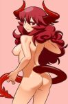  1girl ass back breasts demon_girl demon_tail eyelashes from_behind highres holding_own_tail horns long_hair maou_beluzel matsuda_yuusuke nipples nude original red_eyes red_hair smile solo tail tail_hold thighs yuusha_to_maou 