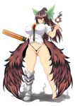  1girl arm_cannon barefoot blush bow breasts brown_hair covered_nipples energy_ball erect_nipples feathered_wings full_body g-string hair_bow highres labia large_breasts long_hair nightmare-doom nightmaredoom_(artist) no_pants panties ponytail red_eyes reiuji_utsuho single_boot single_shoe solo third_eye thong toes touhou touko_(pokemon) uncensored underwear weapon wedgie white_background wings 