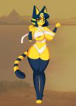  animal_crossing ankha ankha_(animal_crossing) anthro areola areola_slip arms_up bandages big_breasts blue_hair breasts cat cat_ears cat_tail cleavage cocaine-leopard egypt egyptian eyeliner green_eyes hair_ornament large_breasts midriff navel nipple_bulge outside short_hair stockings tail thighs wide_hips yellow_fur 