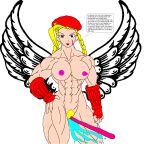 1girl abs blonde_hair blue_eyes breasts cammy_white capcom clit clitoris dirty_talk english_text female_only goddess gorgeous hat muscle muscles muscular muscular_female navel nipples nude nude_female profanity pubic_hair pussy scar scar_on_face street_fighter text twin_tails wings