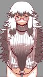  1girl black_hair blush bottomless breasts brown_eyes freckles glasses grey_background highres large_breasts long_hair matsuda_yuusuke messy_hair naked_sweater original red-framed_glasses semi-rimless_glasses simple_background solo standing sweatdrop sweater sweater_tug tears turtleneck very_long_hair yonezawa_natsumi yuusha_to_maou 