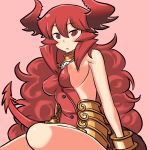 1girl :&lt; armlet armor bare_legs bare_shoulders blush boots bracelet breasts covered_nipples demon demon_girl demon_tail elbow_gloves erect_nipples frown gloves horns jewelry large_breasts long_hair maou_beluzel matsuda_yuusuke nipple_slip nipples original pleated_skirt red_eyes red_hair sideboob sitting skirt solo tail yuusha_to_maou