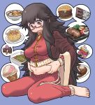  1_female 1_human 1girl barefoot belly_grab black_hair blush breasts brown_eyes candy chocolate clothed coat curry curry_rice egg female female_human female_only food fried_rice frown glasses hamburger highres ice_cream ice_cream_cone kamen_rider kamen_rider_wizard kamen_rider_wizard_(series) large_breasts long_hair matsuda_yuusuke messy_hair midriff multiple_images navel noodles not_porn original plate plump purple_background ramen red-framed_glasses semi-rimless_glasses simple_background sitting solo steak_(food) sweat sweatdrop toenails toes track_suit tummy_grab under-rim_glasses very_long_hair wariza wavy_mouth weight_conscious yonezawa_natsumi yuusha_to_maou zipper 