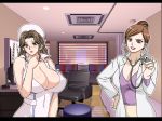  2girls aizawa_mifuyu bed big_breasts black_hair blue_eyes breasts brown_hair chair cleavage dark_hair desk doctor gaden hair_bun indoors large_breasts long_hair looking_at_viewer multiple_girls no_bra nurse open_mouth red_eyes sex shiny shiny_skin shy skirt smile sweat x-ray_(object) 