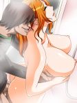  1girl bleach breasts censored closed_eyes from_behind gaden game_cg highres large_breasts matsumoto_rangiku nipples nude penis sex smile time_stop vaginal 