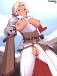  1girl areola armor blonde blush breasts catherine_(fire_emblem) censor_bar censored clenched_teeth female_only fire_emblem fire_emblem:_three_houses high_resolution holding_sword holding_weapon knight looking_at_viewer lumarianne20 nintendo nipples open_clothes pointless_censoring pov pussy shiny shiny_skin sword teeth weapon wooden_sword 