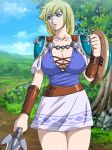 big_breasts blonde_hair breasts cleavage female gaden green_eyes large_breasts long_hair miniskirt nature outdoors project_soul sex shield shoulder_pads skirt sky solo sophitia_alexandra soul_calibur soul_calibur_ii soul_calibur_iii sword tree weapon wristband