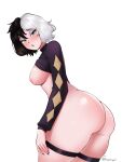  bent_over black_hair breasts clothing fraankyy green_eyes green_lips high_resolution in_profile lipstick looking_at_viewer makeup nail_polish nipples open original sweater thick_thighs thighs turtleneck very_high_resolution white_hair wide_hips yorra_villeneuve 
