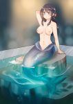  1girl 1girl artist_request breasts glass medium_breasts mermaid monster_girl nude original smile tagme water 