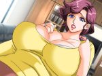  bow bra breasts couch dutch_angle female gaden gigantic_breasts hands_up indoors jewelry large_breasts lipstick makeup mature milf purple_eyes purple_hair ring sex short_hair solo television underwear window 