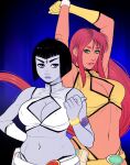 belly big_breasts black_hair cleavage cleavage_cutout cosplay crossover crossover_cosplay dirty_pair dirty_pair_(cosplay) forehead_jewel kei_(dirty_pair) kei_(dirty_pair)_(cosplay) koriand&#039;r long_hair medium_hair one_glove rachel_roth raven_(dc) red_hair starfire teen_titans triplexmile yuri_(dirty_pair) yuri_(dirty_pair)_(cosplay)