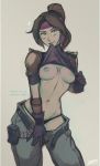  1girl 1girl 1girl armor belt belt_buckle blush breasts brown_hair buckle cleavage final_fantasy final_fantasy_vii final_fantasy_vii_remake flashing gloves grey_background headband iahfy jessie_rasberry lifted_by_self looking_at_viewer medium_breasts navel nipples panties pants pauldron ponytail pouch purple_headband shirt shirt_lift simple_background standing stomach tied_hair unbuckled_belt underwear watermark 
