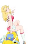  1girl artist_request ass ass_cutout back blonde_hair blown_kiss boobies_uniform breasts butt_crack front-tie_top hair hairband headband heart heart_cutout highres holster honey_(space_dandy) kiss large_breasts long_hair looking_at_viewer looking_back maimai251 midriff most_body nail_polish on_head one_eye_closed qt_(space_dandy) robot short_shorts shorts simple_background sitting sitting_on_person skindentation smile socks space_dandy sweatdrop white_background wink wrist_cuffs 