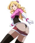  1girl ass black_legwear blonde_hair breasts brown_eyes hat light_smile long_hair looking_at_viewer mamitas pantyhose ribonzu short_shorts shorts side_ponytail simple_background solo space_dandy thighhighs thong whale_tail white_background 