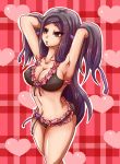  1girl armpits arms_up bikini black_eyes breasts cleavage female gym_leader heart highres komachipure long_hair looking_at_viewer mache_(pokemon) navel nintendo pokemon pokemon_(game) pokemon_xy purple_hair solo swimsuit 