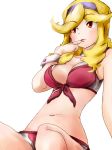  1girl bikini blonde_hair boobies_uniform breasts choker eyebrows female finger_to_mouth front-tie_bikini front-tie_top hair hairband highres honey_(space_dandy) long_hair ma.ru navel short_shorts shorts simple_background solo space_dandy swimsuit white_background wrist_cuffs 