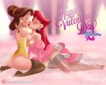  2girls ass beauty_and_the_beast breasts brown_hair closed_eyes corset crossover disney dress dress_lift earrings english_text exposed_breasts female female_only glamourpink gloves kissing panties partially_clothed princess_ariel princess_belle red_hair stockings the_little_mermaid valentine valentine&#039;s_day yuri 