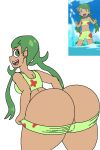  big_ass bikini brown_skin green_hair grin mallow_(pokemon) metalpipe55_(artist) pokemon pokemon_(anime) pokemon_(game) simple_background 