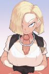  1boy 1girl 2021 android_18 blonde_hair clothed_sex dragon_ball_z hair_over_one_eye inkerton-kun necklace paizuri penis pov toei_animation veiny_penis 