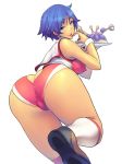  1girl ass ass_cutout blue_eyes blue_hair boobies_uniform breasts butt_crack candy_(space_dandy) covered_nipples erect_nipples extra female finger_to_mouth food hair heart heart_cutout holding lips looking_at_viewer looking_back nipples open_mouth plate short_hair short_shorts shorts simple_background solo space_dandy takayanagi_katsuya thighs tray waitress white_background wrist_cuffs 