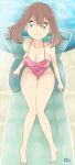  5_fingers 5_toes alluring anime_style barefoot big_breasts blue_eyes breasts brown_hair cameltoe cleavage feet knees_together_feet_apart may may_(pokemon) pink_swimsuit pokemon pokemon_rse r3dfive sitting small_waist smile smiling_at_viewer swimsuit water 