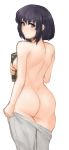 1girl archived_source ass back black_hair blush book breasts closed_mouth covering covering_breasts curvaceous eyebrows_visible_through_hair facing_back fire_emblem fire_emblem:_thracia_776 fire_emblem_heroes from_behind high_resolution holding holding_book holding_object holding_pants light_blush looking_at_viewer looking_back medium_breasts nintendo nude olwen_(fire_emblem) pants pants_down pants_pull purple_eyes short_hair sideboob skindentation smile thighs transparent_background tridisart undressing wide_hips