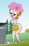 black_eyes breasts cleavage cover_up covering_crotch dexter&#039;s_laboratory dexter&#039;s_mom ear_piercing earrings embarrassing gloves jewelry lipstick looking_down nude orange_hair piercing red_lipstick short_hair shower_cap soap_suds solo suds surprise towel zoda-x_(artist) 