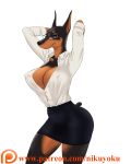  1girl anthro big_breasts breasts canine cleavage clothed clothing doberman dog eyewear furry glasses looking_at_viewer mammal nikuyoku open_shirt shirt simple_background skirt web_address web_address_with_path white_background 