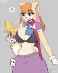 1boy 1girl 2022 anthro big_breasts black_bra black_nose blue_eyes blush bra breasts brown_eyes brown_eyeshadow canine canine_humanoid chest_tuft cleavage clothed clothed_female cooliehigh digital_media_(artwork) fox furry furry_female furry_male furry_only gloves hair inside lagomorph lagomorph_humanoid lingerie looking_at_another looking_at_partner male mammal mammal_humanoid mature_female miles_&quot;tails&quot;_prower milf navel no_humans open_mouth orange_hair rabbit rabbit_humanoid sega shy size_difference sonic_the_hedgehog_(series) speech_bubble standing sweat table tan_body text thick_thighs tuft two_tone_body vanilla_the_rabbit white_gloves white_sclera 