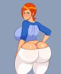  1girl 1girl 1girl ass ass ben_10 big_ass big_ass big_breasts big_breasts breasts cartoon_network clothed clothing dat_ass female_only g3mma green_eyes grey_background gwen_tennyson hand_on_hip large_ass looking_at_viewer looking_back orange_hair panties short_hair simple_background solo_female standing thick_thighs thong voluptuous wide_hips 
