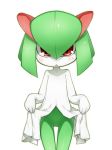  1girl :&lt; blush crotch female kirlia no_pussy open_mouth pokemon red_eyes simple_background skirt skirt_lift solo standing thigh_gap thighs triangle_mouth tsuki_to_kage tsuki_tokage 