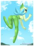  anthro blue_eyes breasts celebi flying green_nipples looking_at_viewer looking_back nude pokemon pussy shinn solo video_games wings 