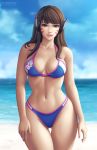 1_girl 1girl alluring asian_female beach bikini blue_bikini blue_swimsuit breasts brown_eyes brown_hair cloud curvy d.va d.va_(overwatch) daytime eye_contact female female_abs female_only fingernails flowerxl headphones hip_focus lips long_hair looking_at_another medium_breasts nail_polish ocean overwatch pale-skinned_female pale_skin parted_lips pink_nails smile solo swimsuit thigh_gap toned video_game_character voluptuous watermark web_address wide_hips