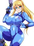  1girl bangs blonde_hair blue_eyes bodysuit breasts clothed clothing covered_navel curvy erect_nipples eyebrows_visible_through_hair female_focus female_only gloves gun hair_between_eyes huge_breasts human long_hair looking_at_viewer metroid mole mole_under_mouth nintendo nipple_bulge nishida_megane pokies ponytail samus_aran shiny shiny_clothes sidelocks skin_tight thick_thighs thighs weapon white_background zero_suit zero_suit_samus 