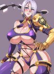  1girl abs big_breasts blue_eyes breasts cleavage earrings female_only hair_over_one_eye hand_on_hip isabella_valentine jewelry looking_at_viewer navel nishida_megane project_soul revealing_clothes short_hair silver_hair smile soul_calibur soul_calibur_ii soul_calibur_iii soul_calibur_vi sword thick_thighs thigh_gap thighs whip wide_hips 