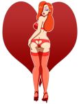  1girl ass big_breasts blue_eyes breasts disney female_only heart heart_background heart_cutout high_heels jessica_rabbit lingerie looking_back pervyangel rear_view red_hair solo solo_female stockings tagme valentine white_background who_framed_roger_rabbit 