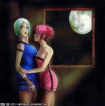  2girls aqua_hair arm arm_grab arms art bare_shoulders big_breasts blue_camisole blue_eyes breasts camisole cleavage dress earrings eye_contact female fingerless_gloves fishnet_gloves fishnet_pantyhose fishnets full_moon gloves hair half-closed_eyes hand_on_face hug hugging large_breasts lips lipstick looking_at_another looking_away love makeup moon multiple_girls night night_sky pink_dress pink_eyes pink_hair pink_strapless serious short_hair sky standing starry_sky strapless strapless_dress yuri 