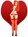  1girl ass big_breasts blue_eyes breasts disney female_only heart heart_background heart_cutout high_heels jessica_rabbit lingerie looking_back pervyangel rear_view red_hair solo solo_female stockings tagme valentine white_background who_framed_roger_rabbit 