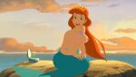  1girl bare_breasts breasts cloud crown disney earrings edit erect_nipples female_focus female_only green_eyes lips lipstick long_orange_hair mermaid milf music_box navel queen_athena rock sea shell_necklace sky smile solo_female sunset the_little_mermaid the_little_mermaid_iii:_ariel&#039;s_beginning topless 